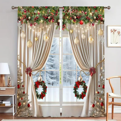 🎅Weihnachtsangebot – 50 % Rabatt🎄Weihnachtliche Fenstergardinen, 2-teiliges Set für Ihre Heimdekoration