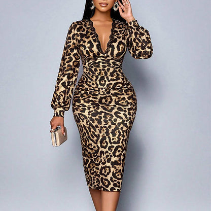 📢📢49% RABATT!! ⏰ Damen-Spitzenkleid mit Leopardenmuster, V-Ausschnitt, Laternenärmeln und mittellanger Länge